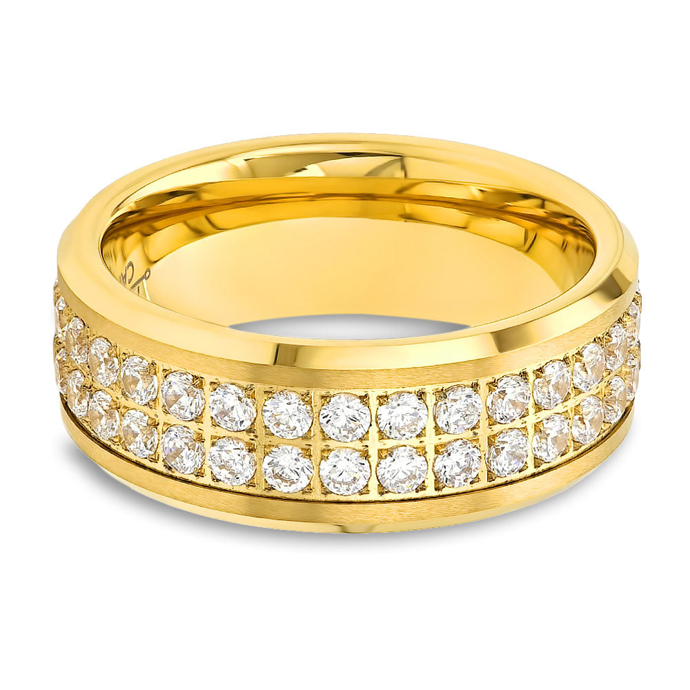 Men's Yellow Gold Ring - CZ Diamond Ring - Tungsten Carbide Ring - 8mm Yellow Gold Ring - Beveled