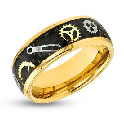 Gear Design Tungsten Ring - Yellow Gold Wedding Band - Tungsten Carbide - Clock Dial Ring - 8mm