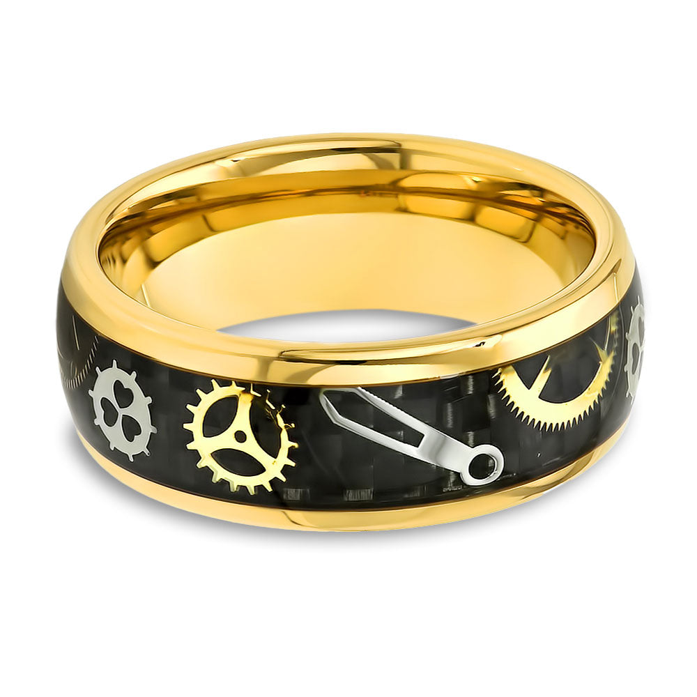 Gear Design Tungsten Ring - Yellow Gold Wedding Band - Tungsten Carbide - Clock Dial Ring - 8mm