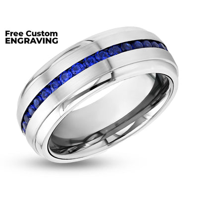 Blue Sapphire Wedding Ring - Tungsten Wedding Band - Silver Tungsten Ring - CZ Blue Sapphire Gems