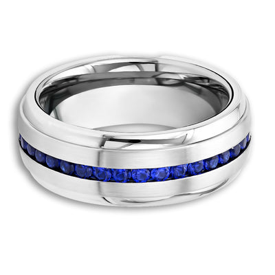 Blue Sapphire Wedding Ring - Tungsten Wedding Band - Silver Tungsten Ring - CZ Blue Sapphire Gems