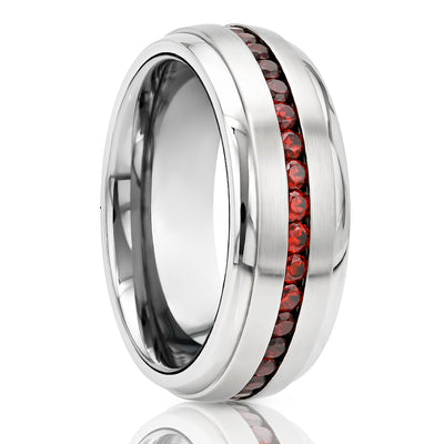 Ruby Wedding Band - Men's Wedding Band - Silver Tungsten Ring - Dome Shape - With Red Gems