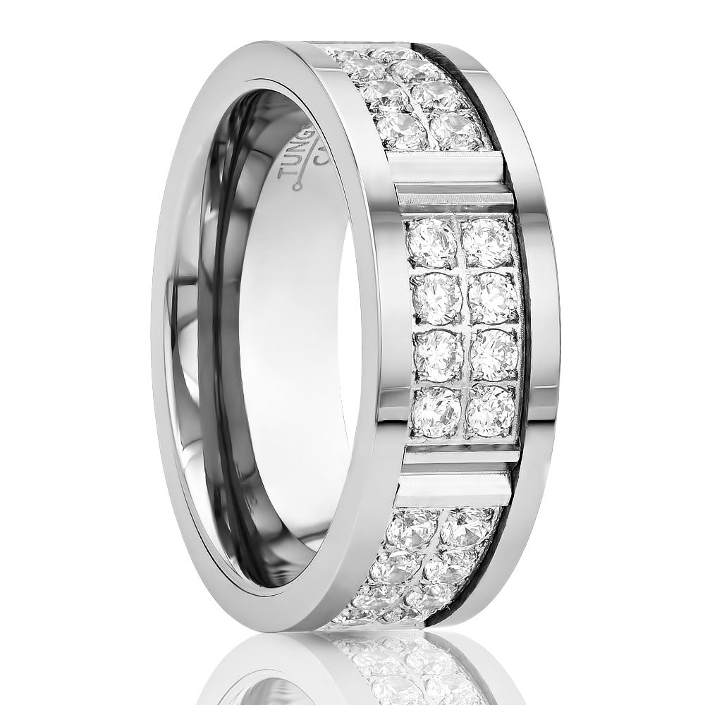Silver Tungsten Wedding Ring - 8mm Men's Wedding Band - CZ Diamond Ring - White Diamond Wedding Ring