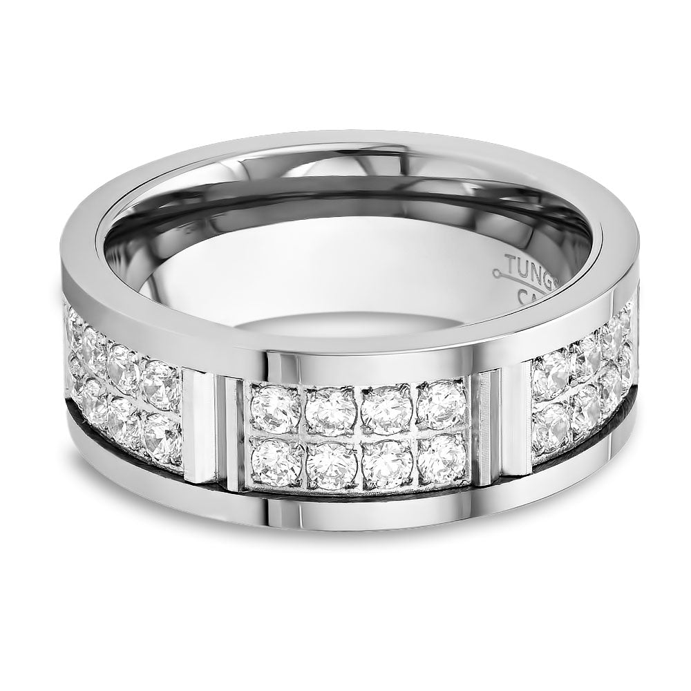 Silver Tungsten Wedding Ring - 8mm Men's Wedding Band - CZ Diamond Ring - White Diamond Wedding Ring