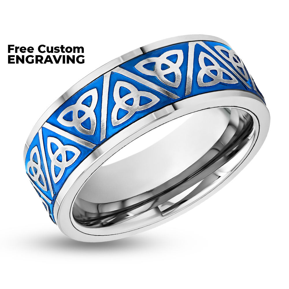 Trinity Wedding Ring - Men's Wedding Band - Women's Wedding Ring - Tungsten Carbide Ring - Blue Ring