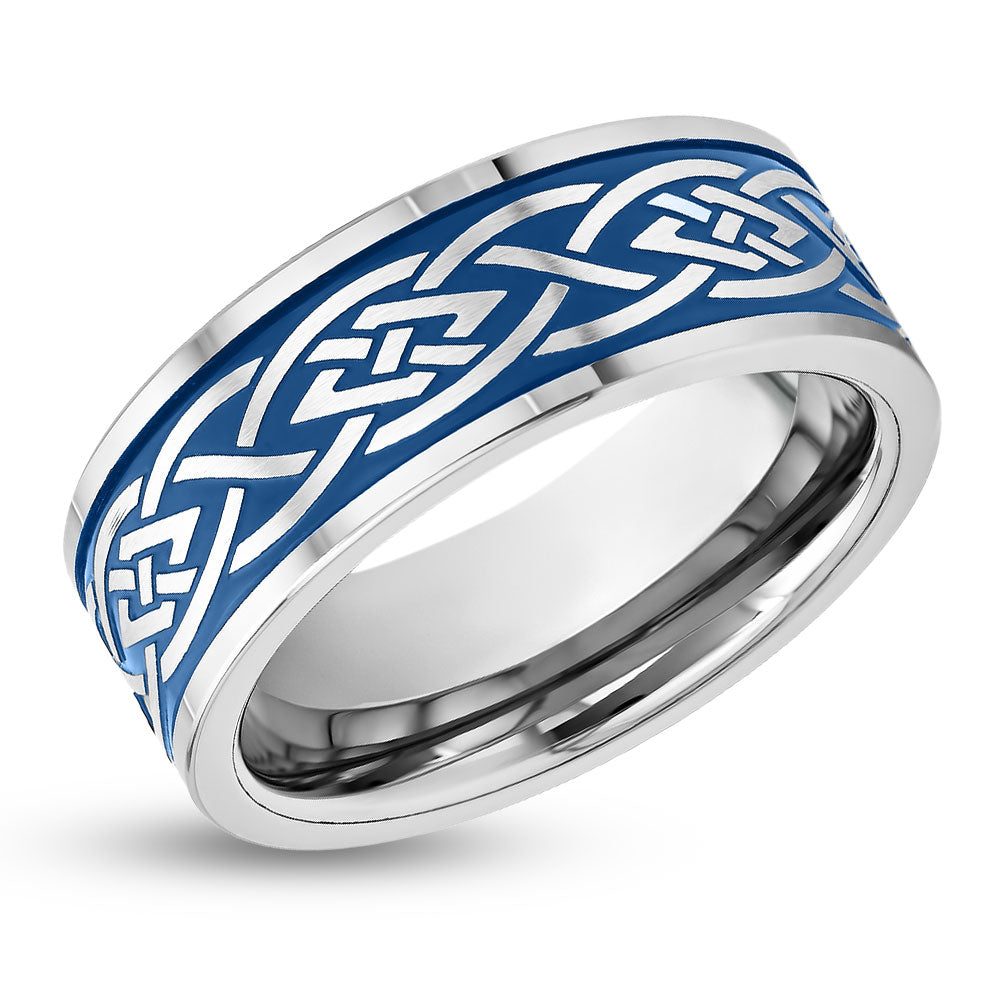 Tribal Design Wedding Ring - Men's Wedding Band - Women's Wedding Ring - Tungsten Carbide Ring - Blue Ring