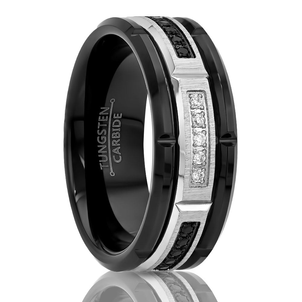 White Diamond Wedding Ring - Black Tungsten Ring - Black Diamond Wedding Band - Men's Wedding Band