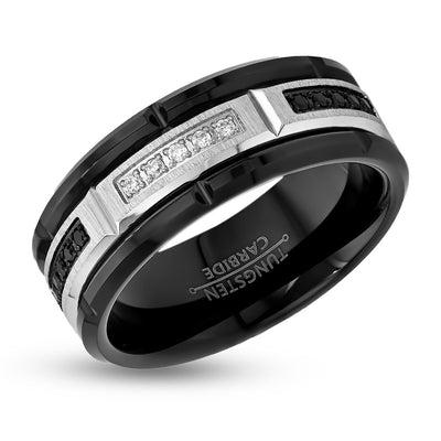 White Diamond Wedding Ring - Black Tungsten Ring - Black Diamond Wedding Band - Men's Wedding Band