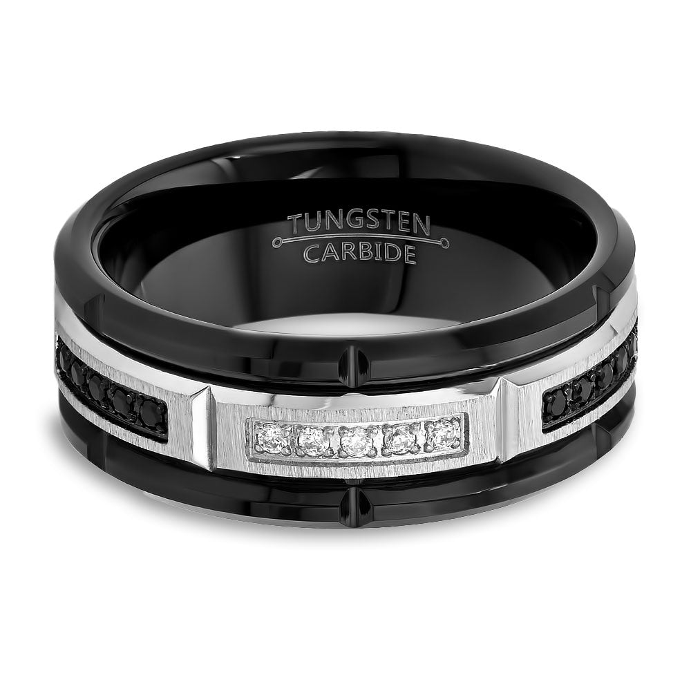 White Diamond Wedding Ring - Black Tungsten Ring - Black Diamond Wedding Band - Men's Wedding Band