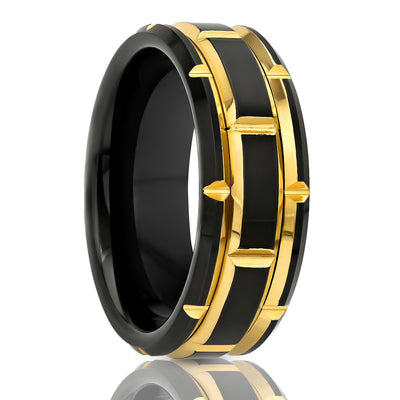Yellow Gold Wedding Ring - Men's Black Wedding Band - 8mm - Tungsten Carbide Ring