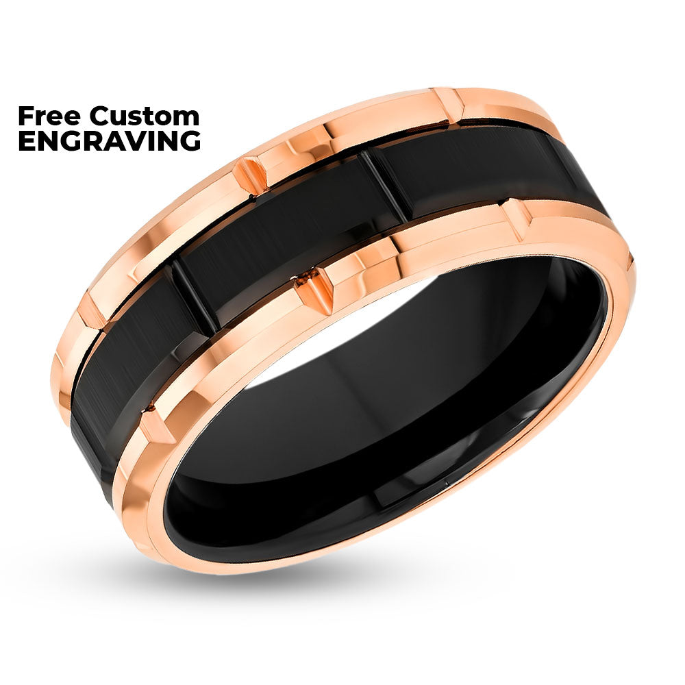Rose Gold Wedding Ring - Men's Black Wedding Band - 8mm - Tungsten Carbide Ring