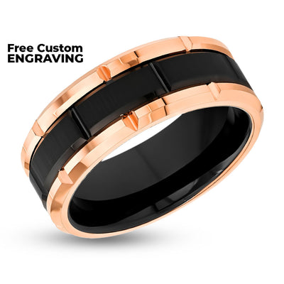 Rose Gold Wedding Ring - Men's Black Wedding Band - 8mm - Tungsten Carbide Ring