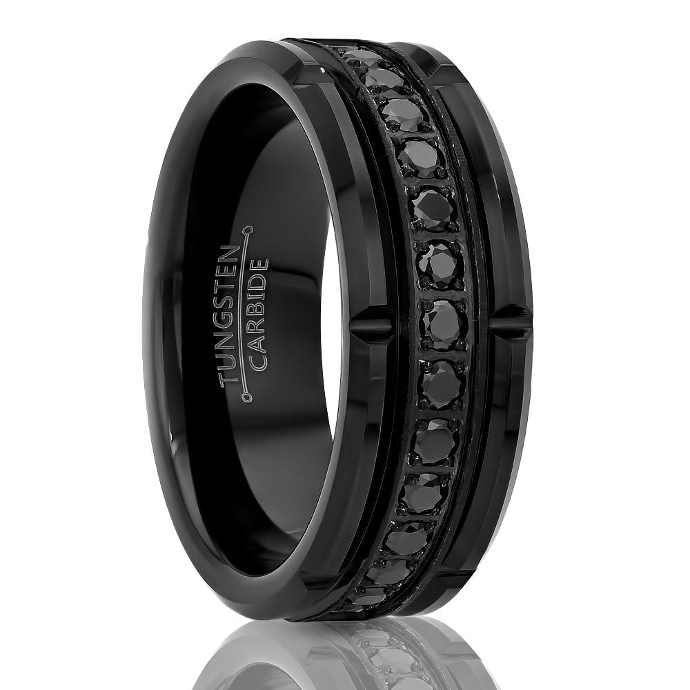 Black Men's Wedding Ring - Black Tungsten Ring - 8mm Wedding Ring - CZ Diamond Ring