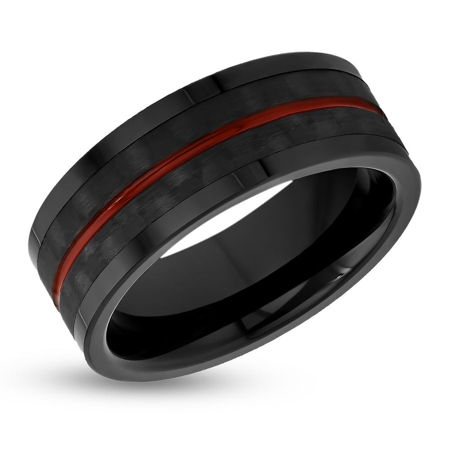 Men's Black Wedding Ring - Carbon Fiber Ring - Red Wedding Band - 8mm Tungsten Ring