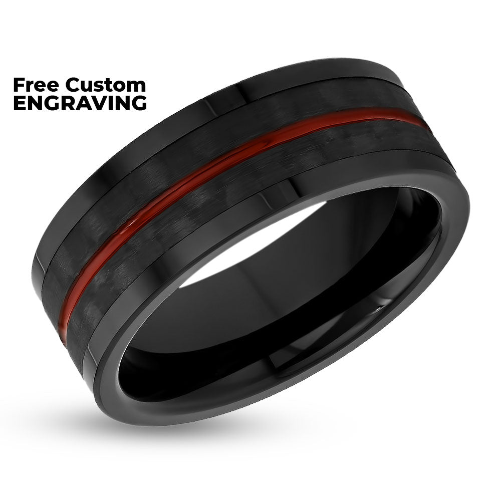 Men's Black Wedding Ring - Carbon Fiber Ring - Red Wedding Band - 8mm Tungsten Ring