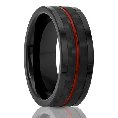 Men's Black Wedding Ring - Carbon Fiber Ring - Red Wedding Band - 8mm Tungsten Ring