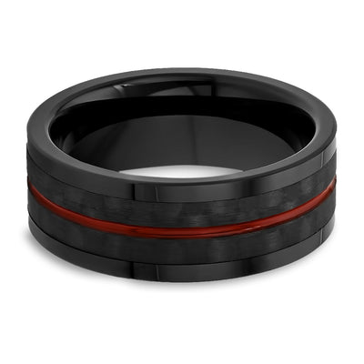 Men's Black Wedding Ring - Carbon Fiber Ring - Red Wedding Band - 8mm Tungsten Ring