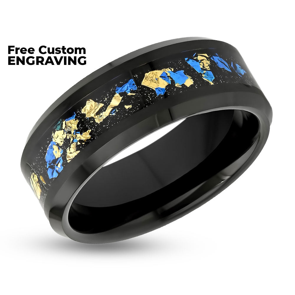 Gold Foil Wedding Ring - Black Wedding Ring - Tungsten Carbide - 8mm Wedding Ring - Comfort Fit