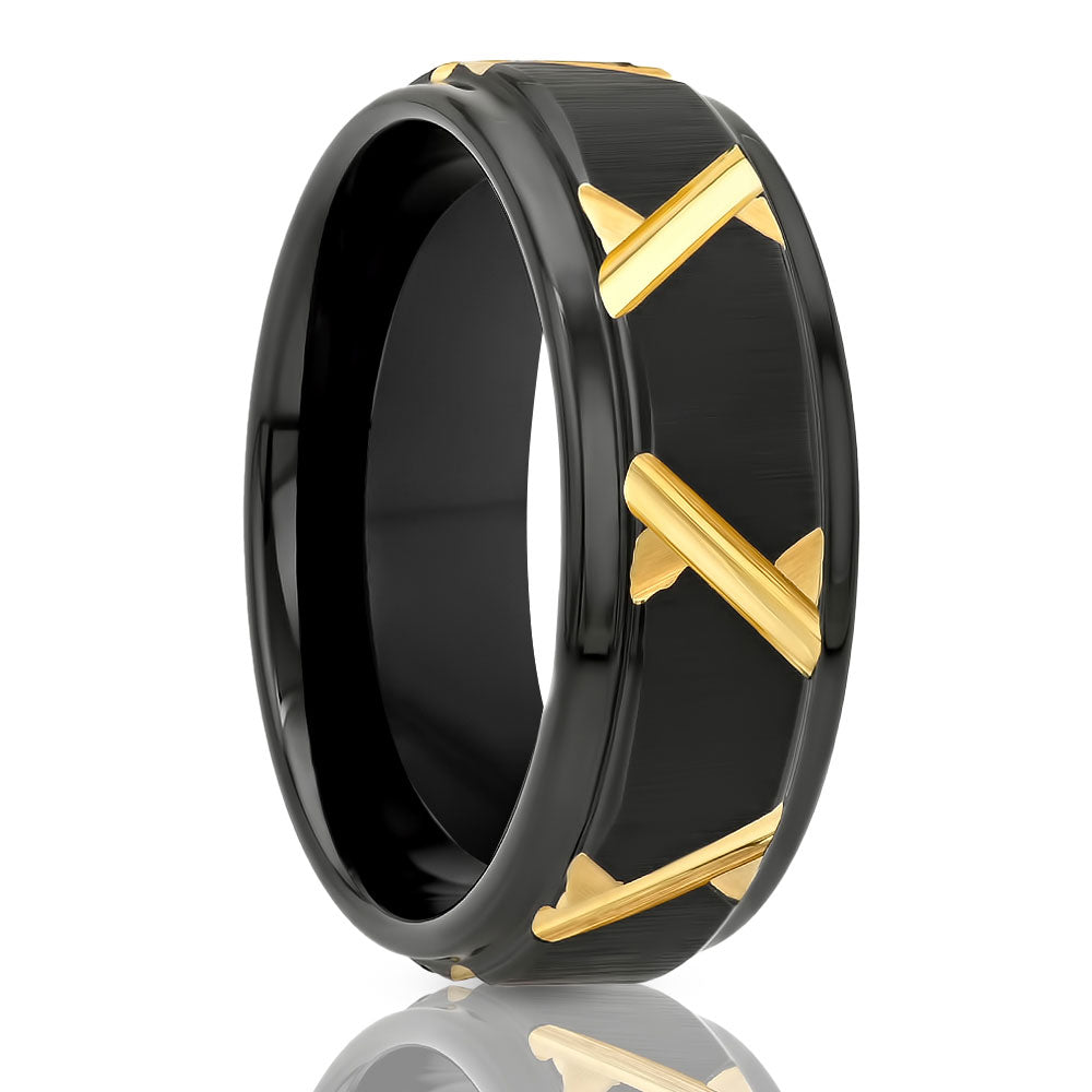 Black Wedding Band - Yellow Gold Ring - 8mm Tungsten Ring - Men's Wedding Band - Tungsten Carbide