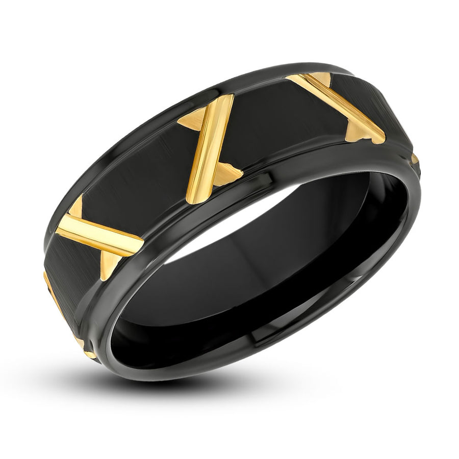 Black Wedding Band - Yellow Gold Ring - 8mm Tungsten Ring - Men's Wedding Band - Tungsten Carbide