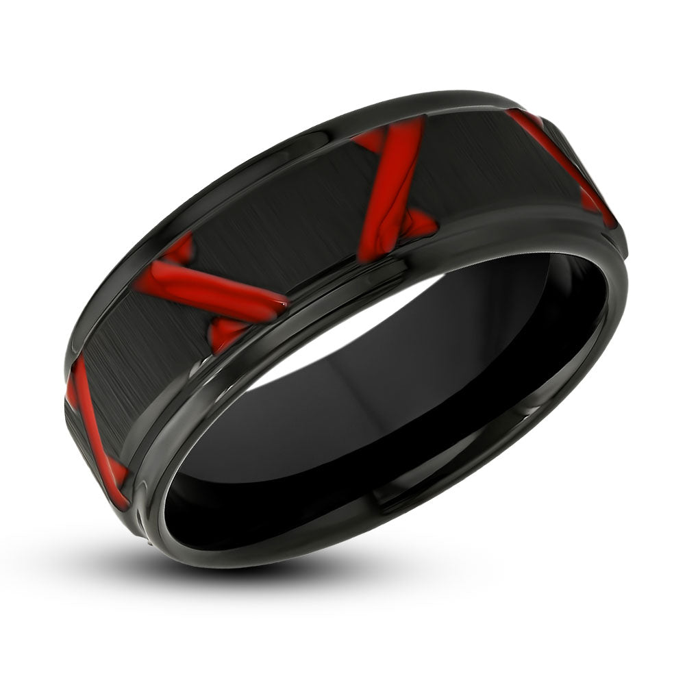 Black Wedding Band - Red Wedding Ring - 8mm Tungsten Ring - Men's Wedding Band - Tungsten Carbide