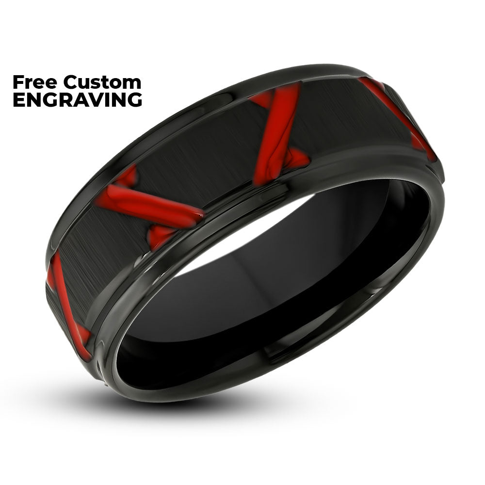 Black Wedding Band - Red Wedding Ring - 8mm Tungsten Ring - Men's Wedding Band - Tungsten Carbide