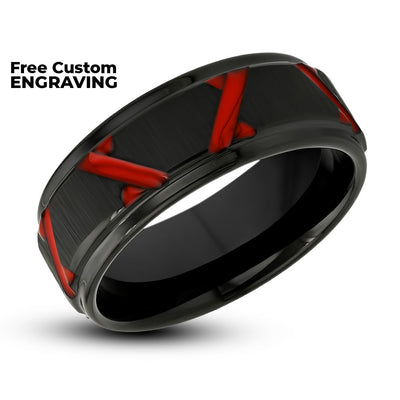 Black Wedding Band - Red Wedding Ring - 8mm Tungsten Ring - Men's Wedding Band - Tungsten Carbide