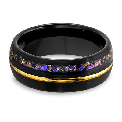 Black Tungsten Wedding Ring - 8mm -  Amethyst Gem Inlay - Gold Foil Design - 8mm Black Wedding Band