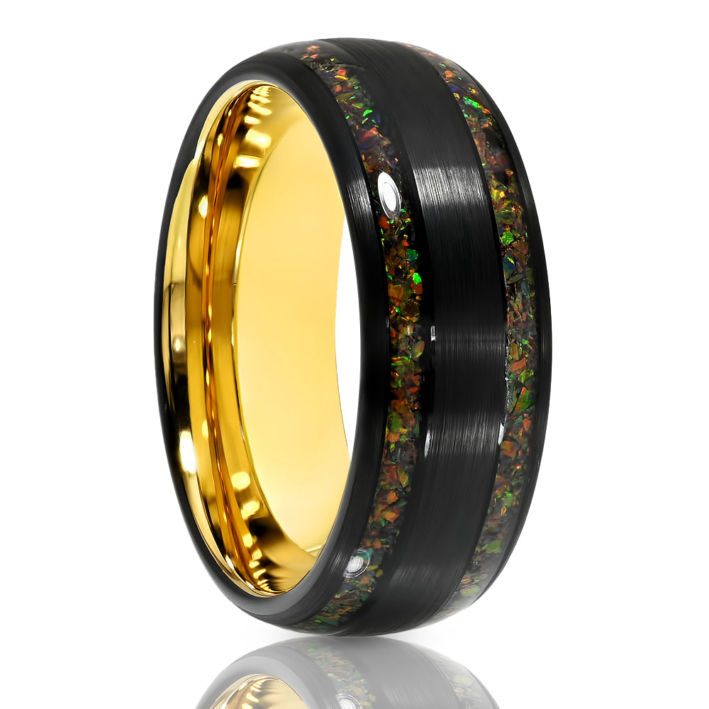 Black Tungsten Wedding Ring - Opal Wedding Band - Men's Wedding Ring - Women's Ring - Yellow Tungsten Ring
