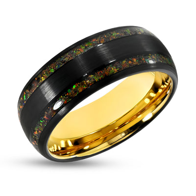 Black Tungsten Wedding Ring - Opal Wedding Band - Men's Wedding Ring - Women's Ring - Yellow Tungsten Ring
