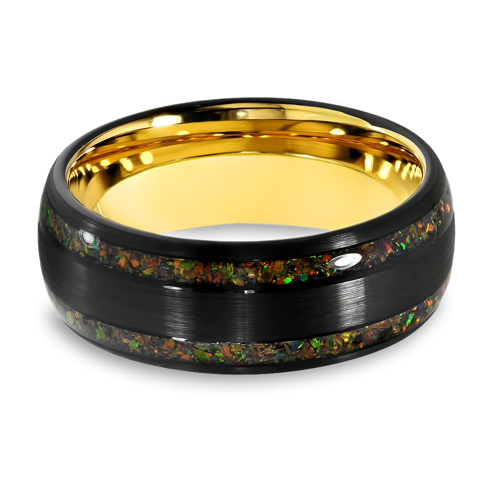 Black Tungsten Wedding Ring - Opal Wedding Band - Men's Wedding Ring - Women's Ring - Yellow Tungsten Ring