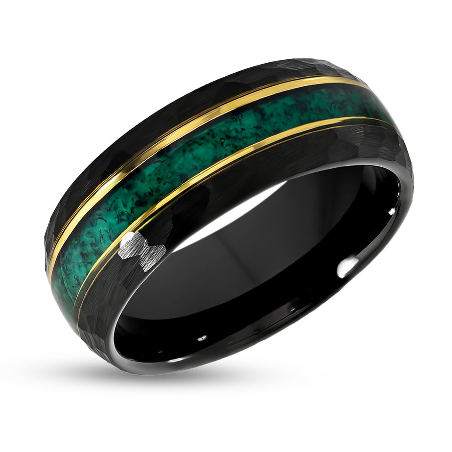 Black Tungsten Wedding Ring - Emerald Wedding band - Men's Wedding Ring - Women's Ring -Hammered Design