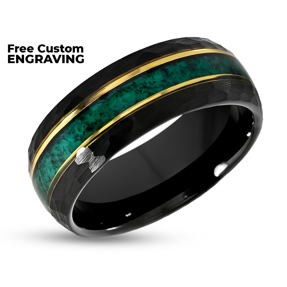 Black Tungsten Wedding Ring - Emerald Wedding band - Men's Wedding Ring - Women's Ring -Hammered Design