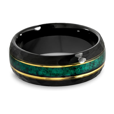 Black Tungsten Wedding Ring - Emerald Wedding band - Men's Wedding Ring - Women's Ring -Hammered Design