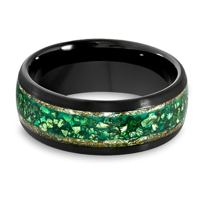 Black Tungsten Ring - Dome - Crushed Emerald Ring - Men's Wedding Band - Women's Wedding Ring - Gold Foil Edges