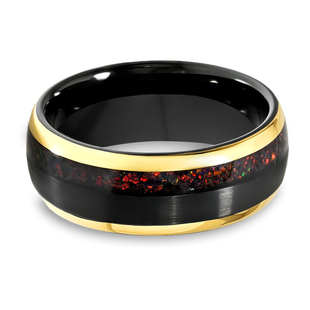 Ruby Wedding Band - Yellow Gold Ring - Black Tungsten Ring - Men's Wedding Band - Women's Ring
