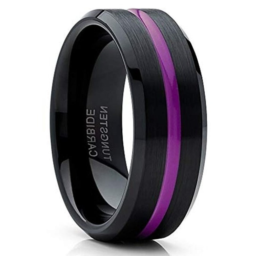 Black Tungsten Ring - Purple Ring  - Tungsten Wedding Band Unique - Brushed -  Purple Wedding Ring