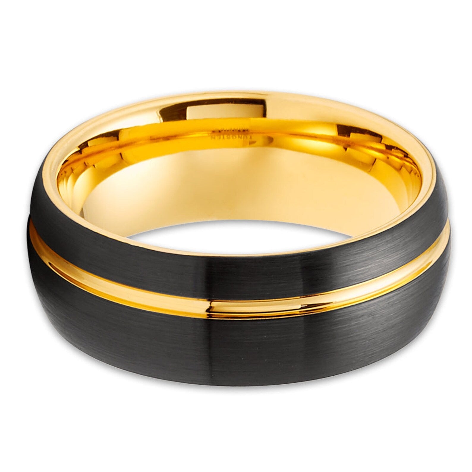 8mm Yellow Gold Ring - Black Wedding Ring - Tungsten Wedding Band - Men & Women