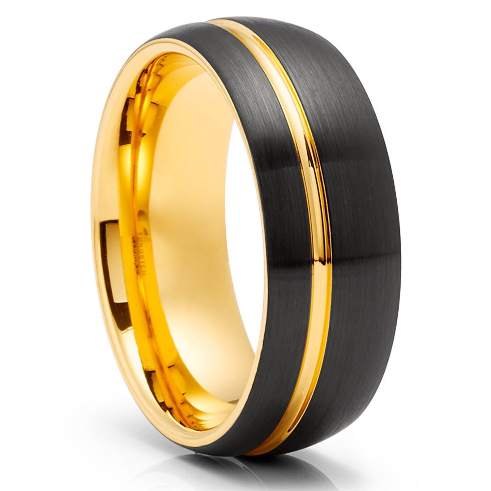 8mm Yellow Gold Ring - Black Wedding Ring - Tungsten Wedding Band - Men & Women