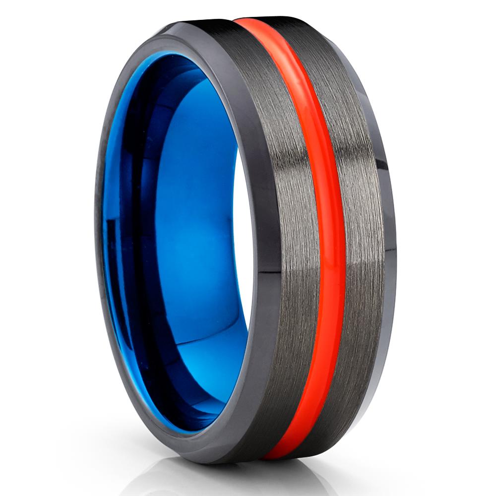 Orange Tungsten Ring - Gunmetal -  Blue Tungsten Wedding Band  - Brush - Clean Casting Jewelry