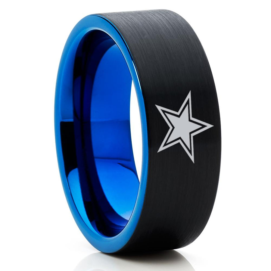 Blue Tungsten Wedding Band - Football Ring - Dallas Star Ring - Black Tungsten