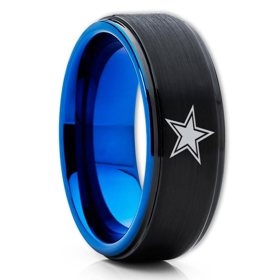 Football Wedding Band - Football Inspired Ring - Dallas Texas Ring - Blue Tungsten