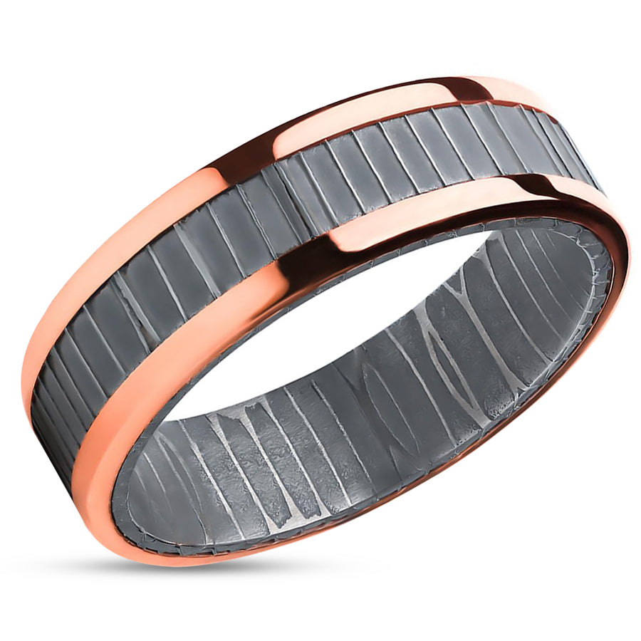 Damascus Wedding Ring - Rose Gold Wedding Ring - Damascus Steel Ring - Band