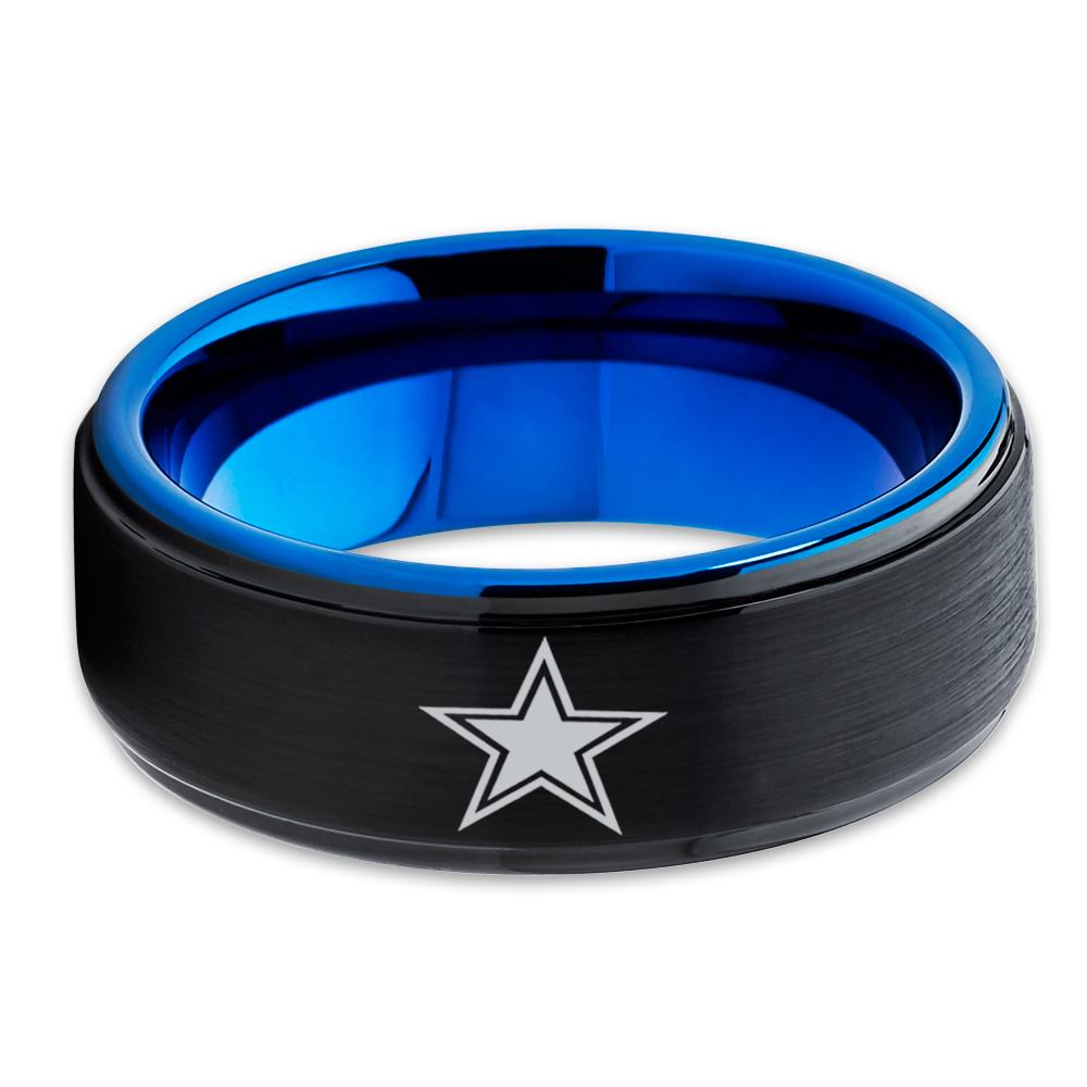Football Wedding Band - Football Inspired Ring - Dallas Texas Ring - Blue Tungsten