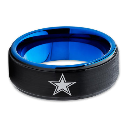 Football Wedding Band - Football Inspired Ring - Dallas Texas Ring - Blue Tungsten