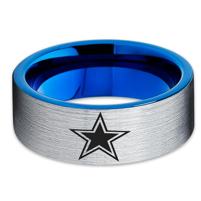 Football Tungsten Ring - Dalla Texas Ring - Football Inspired Ring - Blue Tungsten