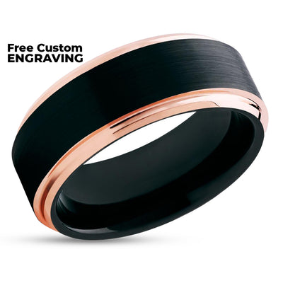 Rose Gold Wedding Ring - Black Tungsten Ring - Black Wedding Band  - Men & Women