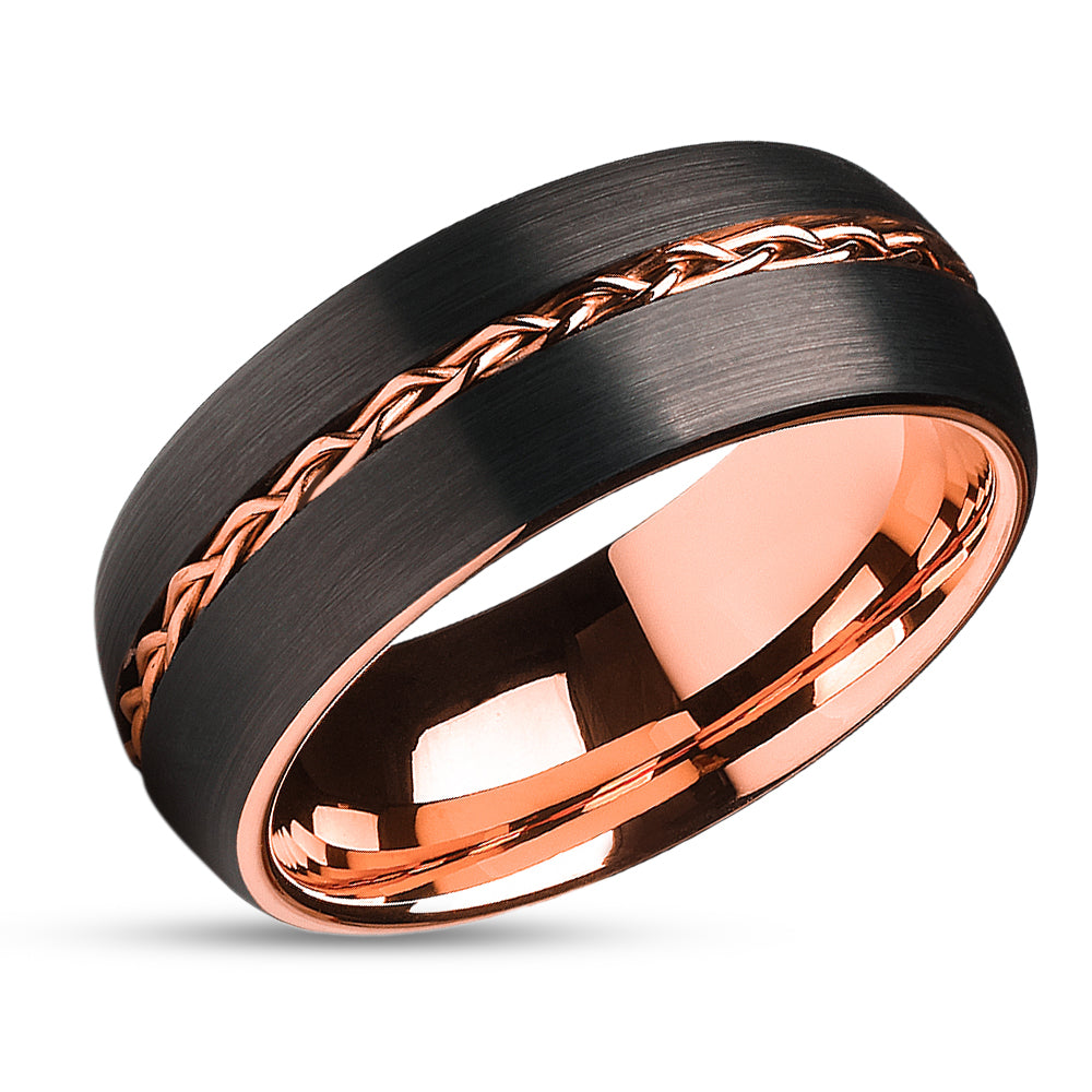 Rose Gold Wedding Band - Braid Wedding Ring - Tungsten Wedding Band - Gray Ring