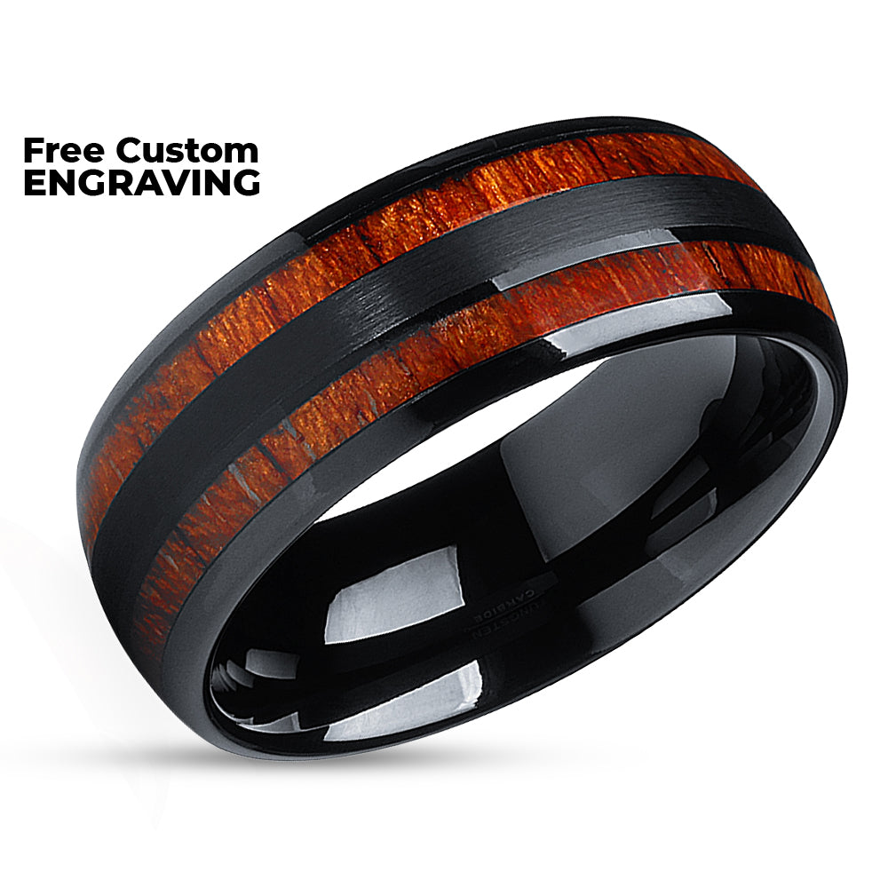 Black Wedding Ring - Koa Wood Tungsten Ring - 8mm Koa Wood Ring - Men & Women