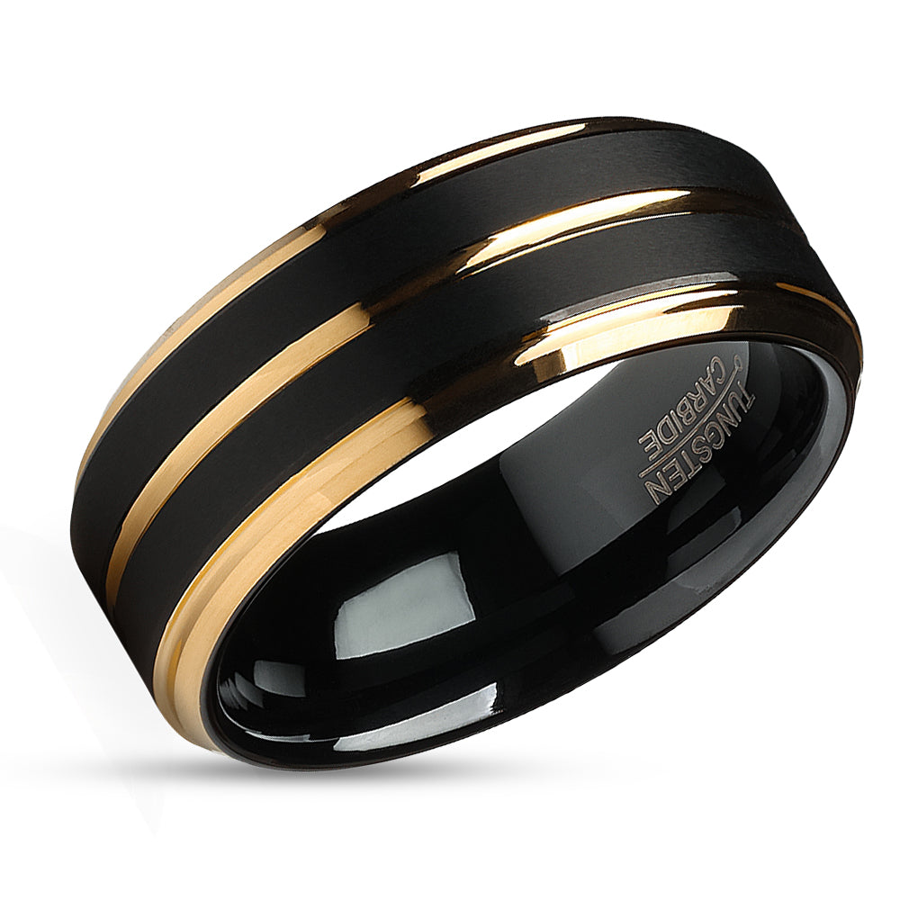 Black Tungsten Wedding Ring - Yellow Gold Ring - Tungsten Carbide Ring- Men & Women